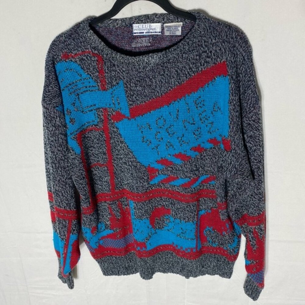 Vintage Club Internernational Grey Blue Red Knit Crew Neck Dad Sweater S